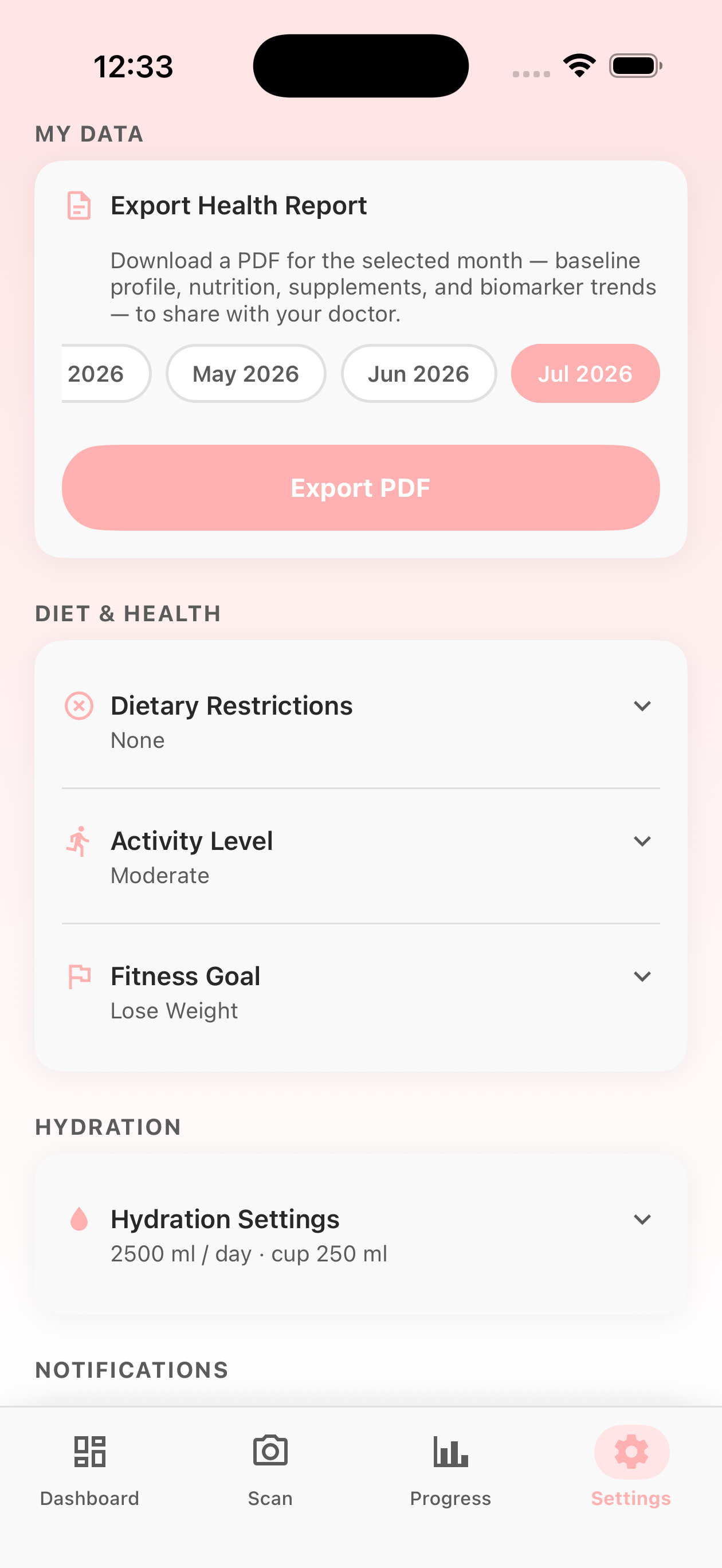 WellB Settings screen showing the monthly health report export